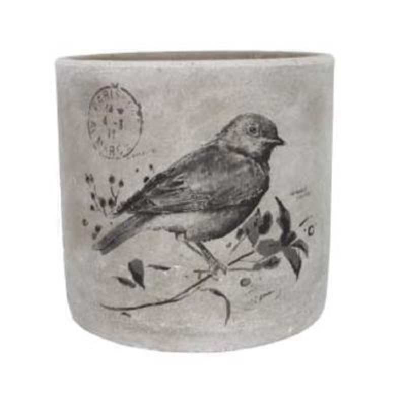 Medium sized grey bird print concrete pot cover  By the designer Gisela Graham who designs really beautiful gifts for your garden and home.(LxWxD) 21.1x13.7x13.7cm